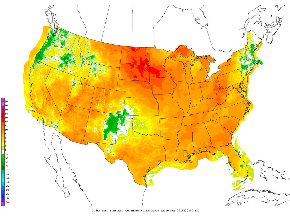 NWSWPC's tweet photo. Nearly all locations in Lower 48 are forecast to have above normal high temperatures today. However, a pattern change is expected by next week (Wednesday) as the middle third of the Lower 48 is likely to be below average for highs. #winteryet https://t.co/mZR7xkK9YY