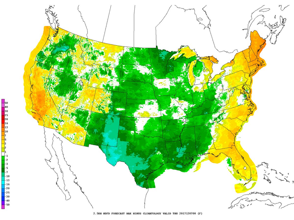 NWSWPC's tweet photo. Nearly all locations in Lower 48 are forecast to have above normal high temperatures today. However, a pattern change is expected by next week (Wednesday) as the middle third of the Lower 48 is likely to be below average for highs. #winteryet https://t.co/mZR7xkK9YY