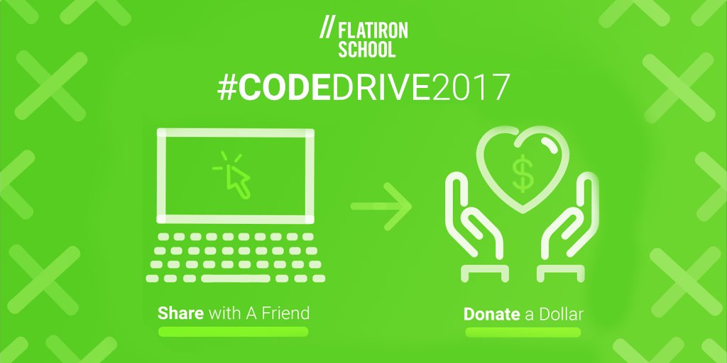 FlatironSchool's tweet photo. We’re proud to announce our first annual Code Drive. From 12/11-12/17. We challenge you to complete as many lessons in https://t.co/MFgikD1vMb . Each lesson completed = $1 towards a scholarship for refugees + $1 for every sign-up, tag your friends! https://t.co/SiVS632g6u https://t.co/PHRIfK0xRz