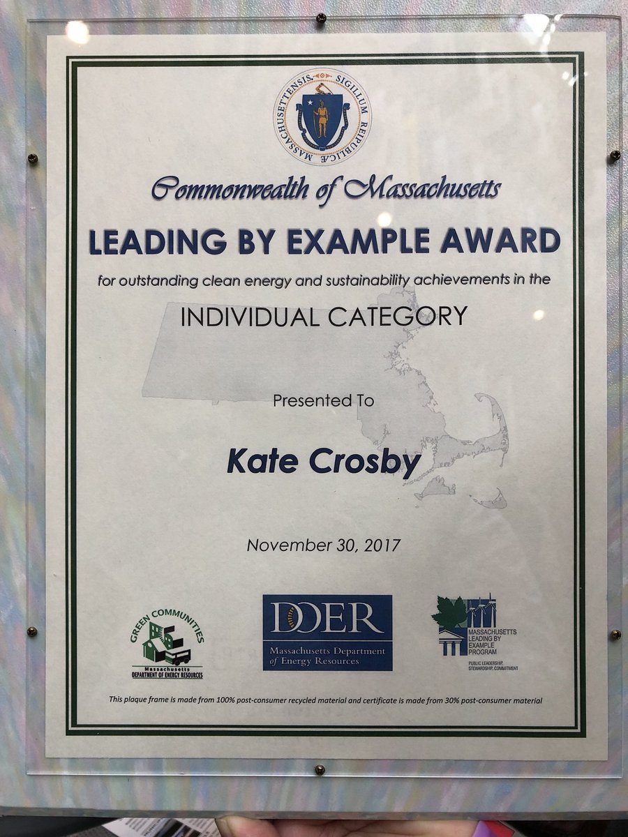 #greenacton #ablearns very proud of ABRSD Energy Manager Kate Crosby for winning much deserved Leading By Example award presented by the Commonwealth of Massachusetts for her leadership in the field of sustainability.  Congrats Kate!