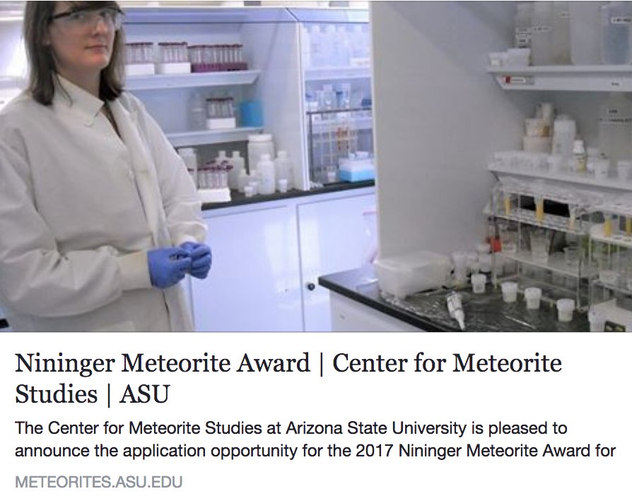 ASUMeteorites's tweet photo. @ASUMeteorites is pleased to announce the application opportunity for the 2017 #Nininger #Meteorite Award for undergraduate and graduate students pursuing research in meteoritical sciences! Deadline is Jan. 31st, 2018. #ASU #SESE
More information: https://t.co/NniJxkNAie https://t.co/86QZXVdlUJ