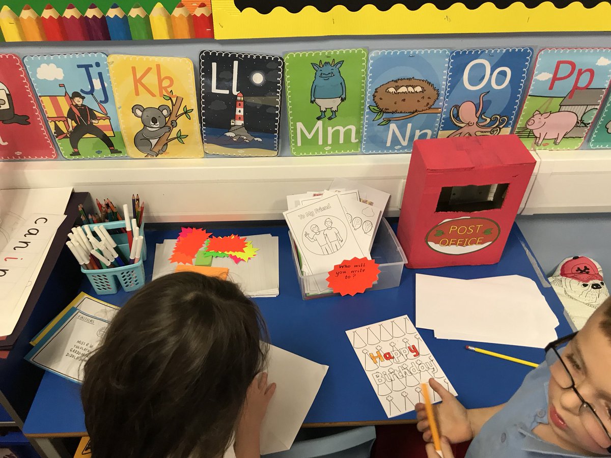 missgorman_'s tweet photo. Children have been enjoying using our writing table to make & post cards to their peers #playbasedlearning #letterwriting #classpost https://t.co/XJK47uzlXf