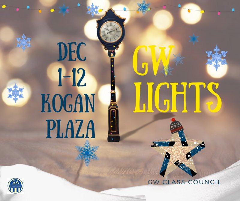 Don’t forget that the first night of GW Lights starts TOMORROW in Kogan! Stop by anytime between 7-9 pm to grab a cookie and a coloring sheet!