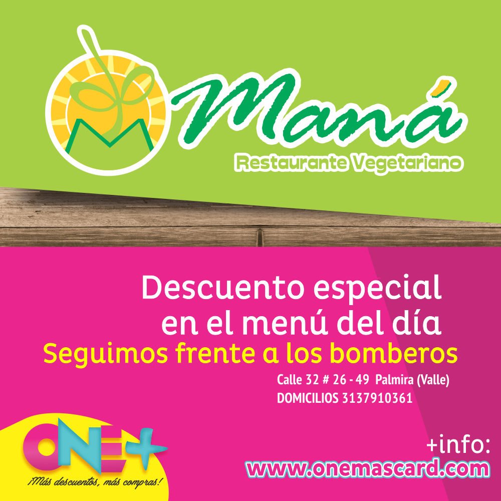 onemascard's tweet photo. El lugar ideal para una alimentación #saludable #RestauranteVegetarianoMana Calle 32 # 26 - 49 , domicilios 2854590 - 3137910361 presente tu #OneMasCard #like4like #delish #food #vegetariano #palmira https://t.co/tnYUzR5N46