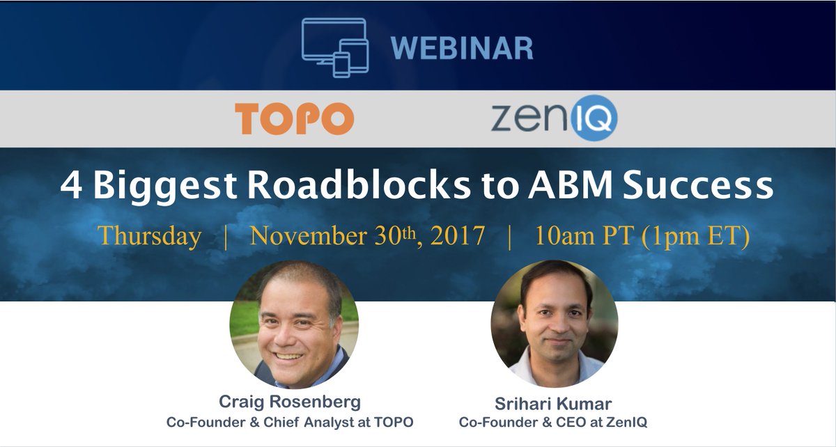 Starting in 1 hour! The 4 Biggest Roadblocks to #ABM Success with <a href="/funnelholic/">Craig Rosenberg</a> / @topohq. Register here: goo.gl/G1LSpt