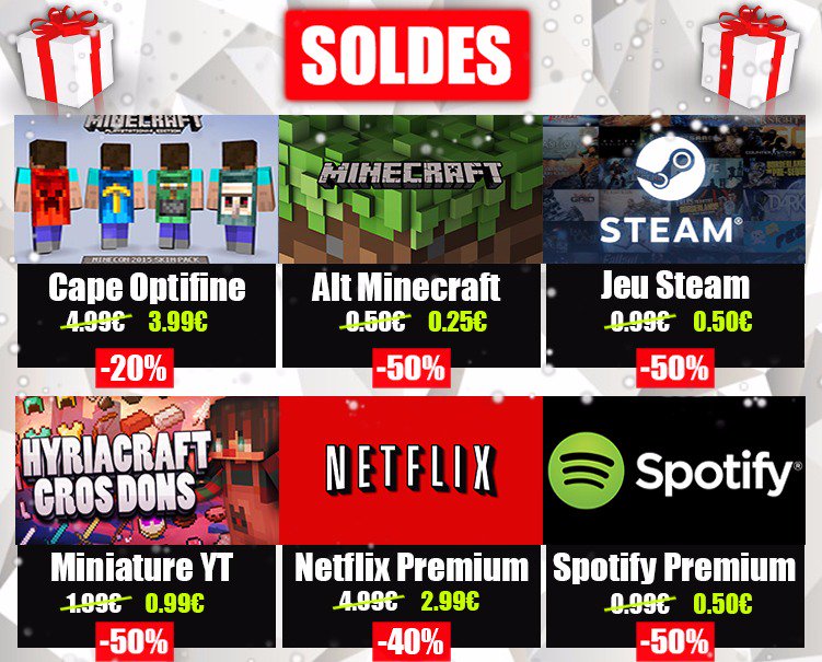 Shadobass's tweet image. #CONCOURS

Gagne tous lots :

- 5 Alts Minecraft
- 1 Netflix Premium
- 5 Spotify Premium
- 5 Miniatures Youtube (Minecraft Etc)

🚀RT + Follow @SpeedShopFR + @Shadobass !
💣Tag un(e) ami(e) !

N'hésiter pas à passer prendre une commande !

100% FIABLE #SpeedShopNoFake

⏳500 RT !