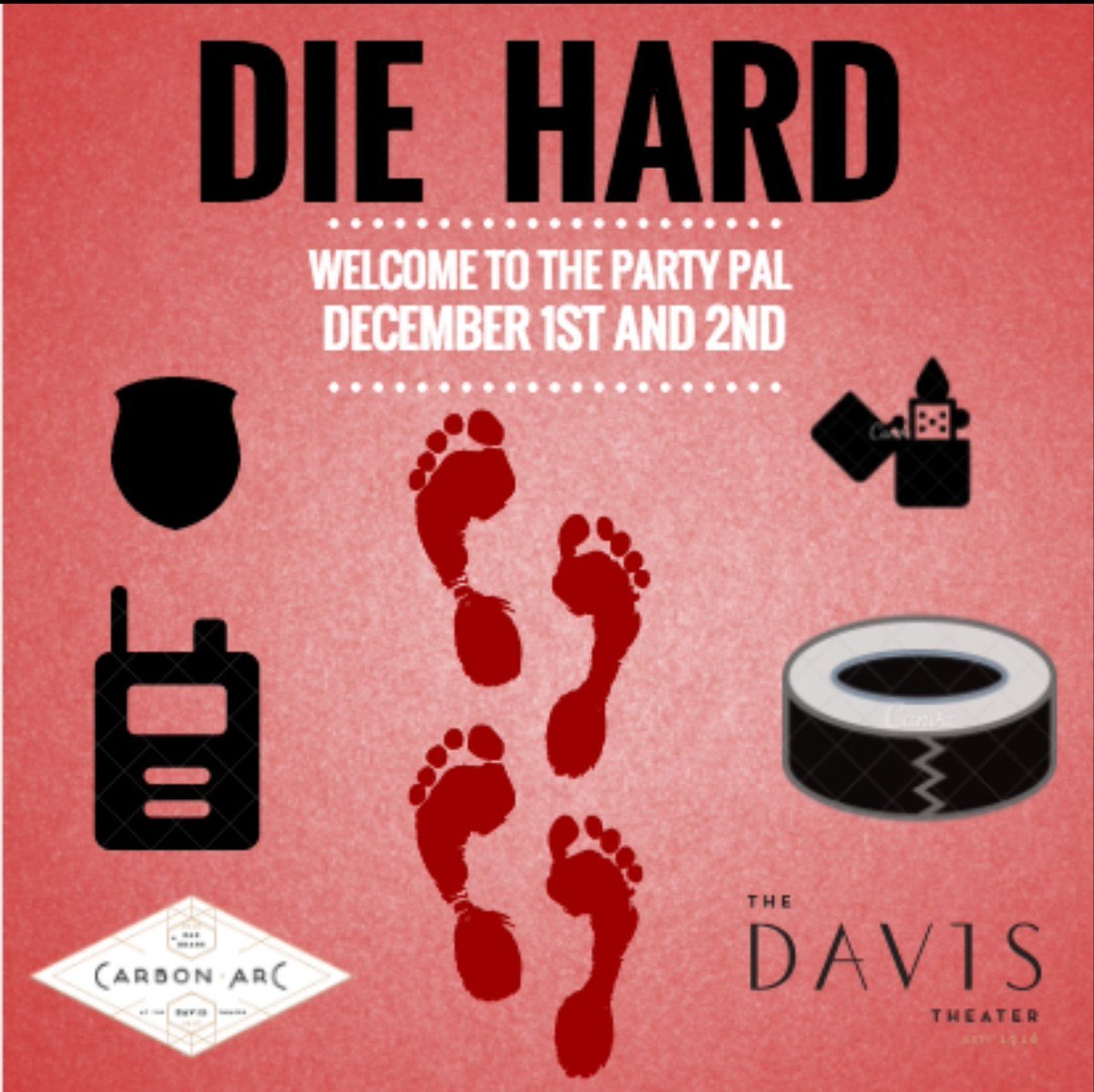 DavisTheater's tweet photo. Welcome to the Party, with #DieHard #Friday &amp; #Saturday @davistheater and @carbonarcbar. Tickets are $5 @www.davistheater.com/tickets.
Yippee Ki Yay. 
.
.
.
#classicmovie #chicagoevents #localdeals #christmasmovie #localbusiness  #localevents #latenightfilms #cutwaterclassics https://t.co/lxyizKSjfh