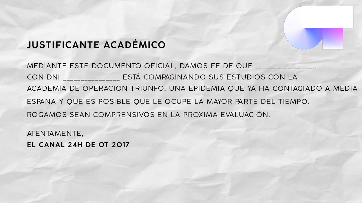 ⚠️ Como se acerca época de exámenes y no queremos sentirnos culpables, nuestras máximas autoridades os regalan esto. Usadlo para ocasiones especiales, como los que tengáis examen mañana y (por supuesto) no os vais a perder el pase de micros de las 18:30. #OTDirecto30N
