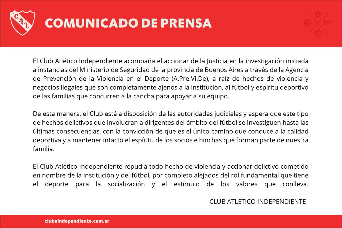 Independiente's tweet photo. Comunicado oficial. https://t.co/MIcSsBSJ4K
