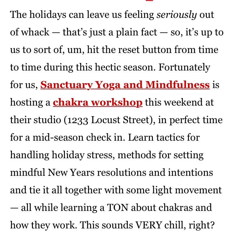 SanctuaryYo's tweet photo. Chakras ARE chill! Thx Philly Mag &amp; @bewellphilly for the lovely shout out about our upcoming Chakra Workshop THIS Saturday 2:00-5:00pm. Call 215-964-9323 today to sign up OR visit our website (https://t.co/Bqs5rxpJ4U).
#sanctuaryyoga #chakrasarechill #floetry #resolvetoevolve https://t.co/Sd5MlEfPrp