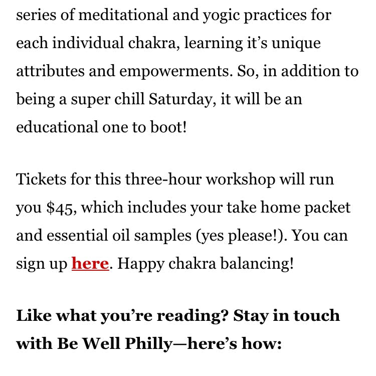 SanctuaryYo's tweet photo. Chakras ARE chill! Thx Philly Mag &amp; @bewellphilly for the lovely shout out about our upcoming Chakra Workshop THIS Saturday 2:00-5:00pm. Call 215-964-9323 today to sign up OR visit our website (https://t.co/Bqs5rxpJ4U).
#sanctuaryyoga #chakrasarechill #floetry #resolvetoevolve https://t.co/Sd5MlEfPrp