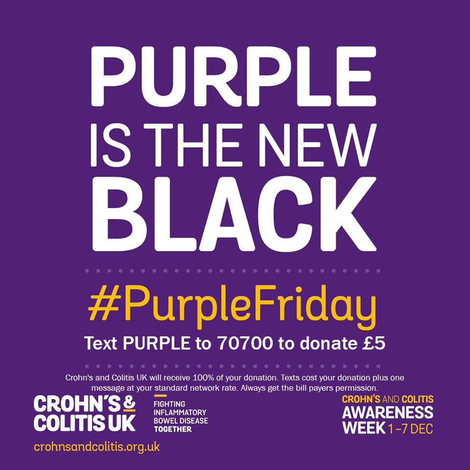 CrohnsColitisUK's tweet photo. Are you ready for #PurpleFriday and the start of #Crohns and #Colitis Awareness Week tomorrow? Text PURPLE to 70700 to donate £5 💜 https://t.co/oQdOk1OibA