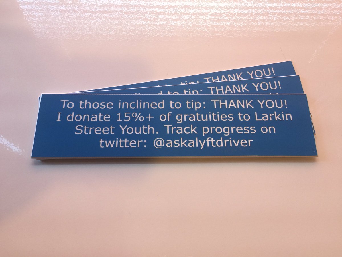 askaLyftdriver's tweet photo. $45 tips->$8 to Larkin Street Youth for LGBTQ SF youth experiencing homelessness. ($329 to date!) I made a donation matching campaign on gofundme! Visit https://t.co/z5n45QBuQe https://t.co/myVg0k6yeY