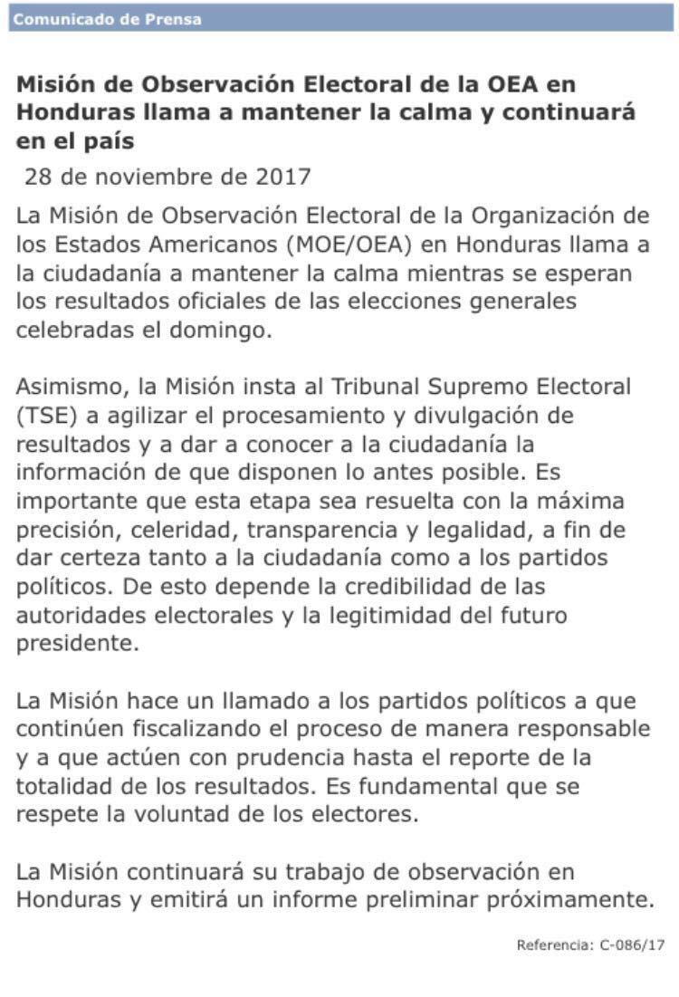 Emb_Honduras_SS's tweet photo. 28.11.2017_Comunicado de la Misión de Observadores de la OEA_Llamado a mantener la calma_Proceso Electoral 2017. https://t.co/HIasdiX42e