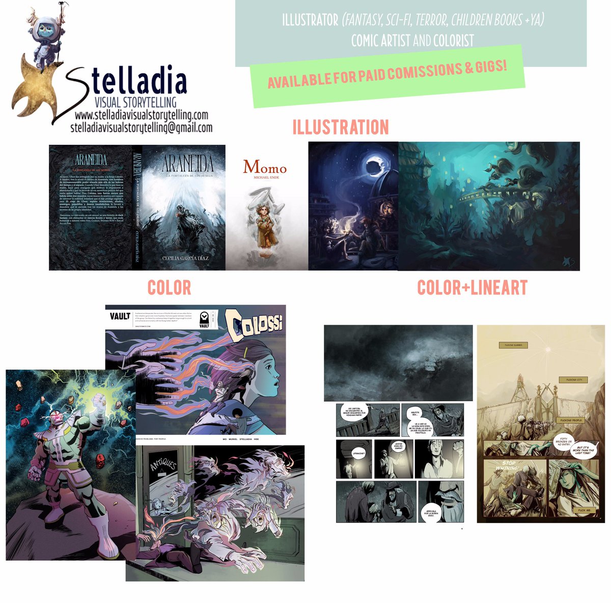 Stella_di_A's tweet photo. Hi there! I'm currently available for:
-Comic coloring & flatting
-Illustration
-Comissions
-Conceptart
And open to long term/full time art vacancies.
info@stelladiavisualstorytelling.com
#flatter #colorist #comicflatting #illustrator #illustration #illustrationcomissions https://t.co/4SLsIo1qRw