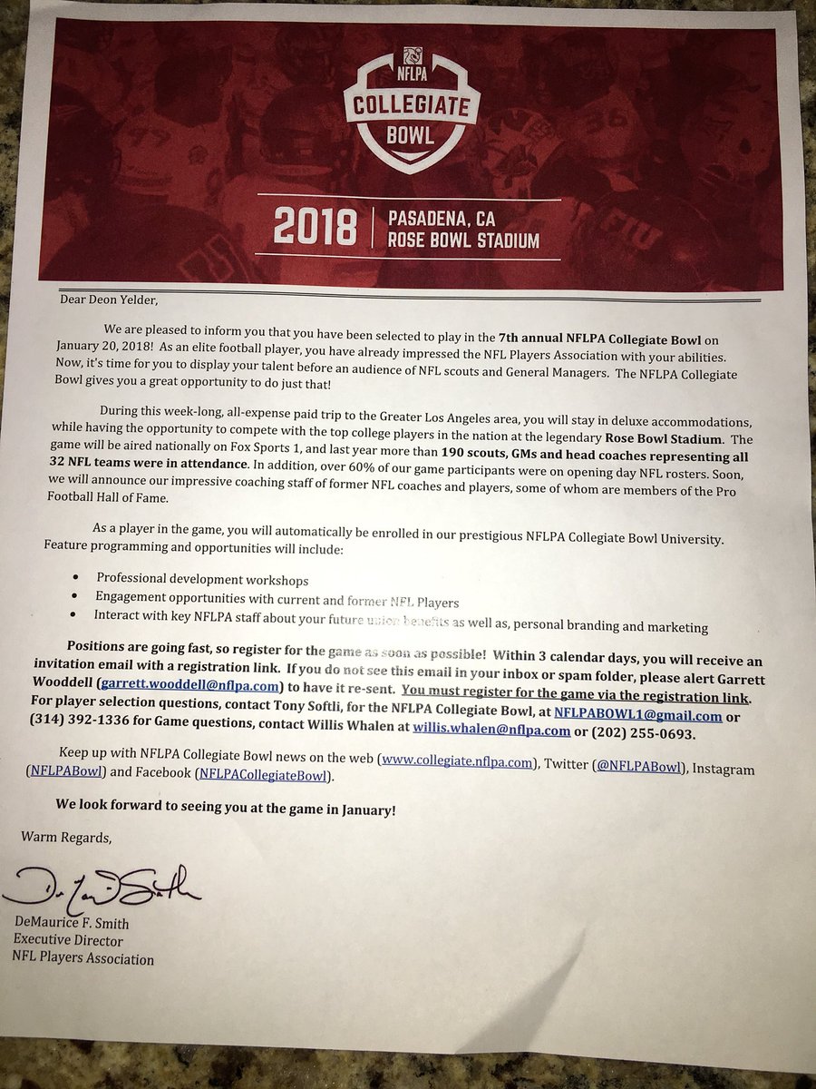DeonYelder's tweet photo. Blessed to receive an invite to the @NFLPABowl game! Never thought a walk-on could make it this far, God continues to bless me🙏🏾 https://t.co/Hns1b6eGXU