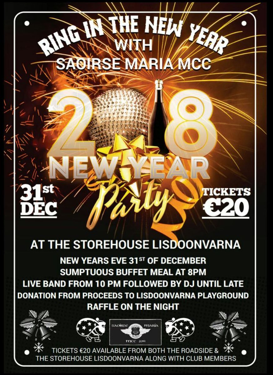 Get your tickets now or be disappointed... We will host THE New Year's Eve Party in North Clare! Buffet, live music, DJ. Mighty craic guaranteed!
Tickets available in Roadside Tavern. <a href="/kieranskitchen/">kierans kitchen</a> <a href="/BurrenSalmon/">Birgitta HedinCurtin</a> <a href="/MaryBallinsheen/">Apartments at Ballinsheen House & Gardens</a>  <a href="/VisitLisdoon/">LisdoonvarnaTourism</a>