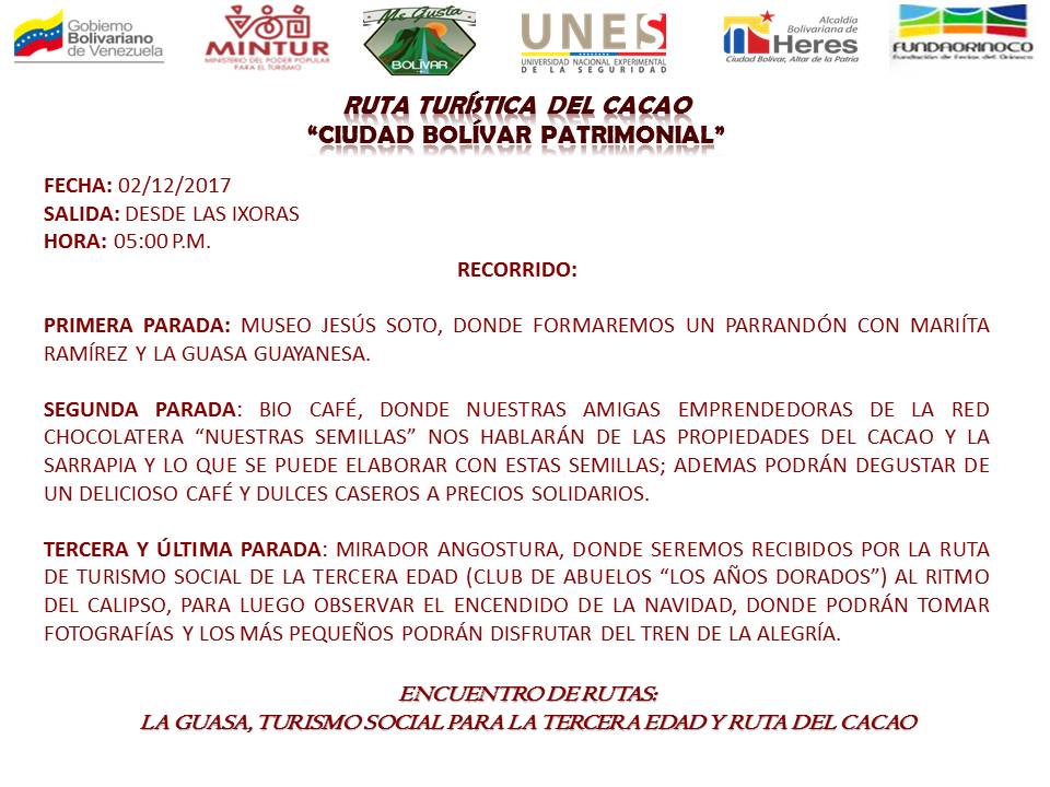 CBOTurismo's tweet photo. Ven y disfruta en familia de la #RutaTurísticadelCacao, conoce las maravillas de nuestra hermosa Ciudad Bolívar y el hermoso ambiente navideño @megustabolivar @DinformacionH @naturaleza482 @comandosergioh @danicevillasmil https://t.co/xOg1oWRDuZ