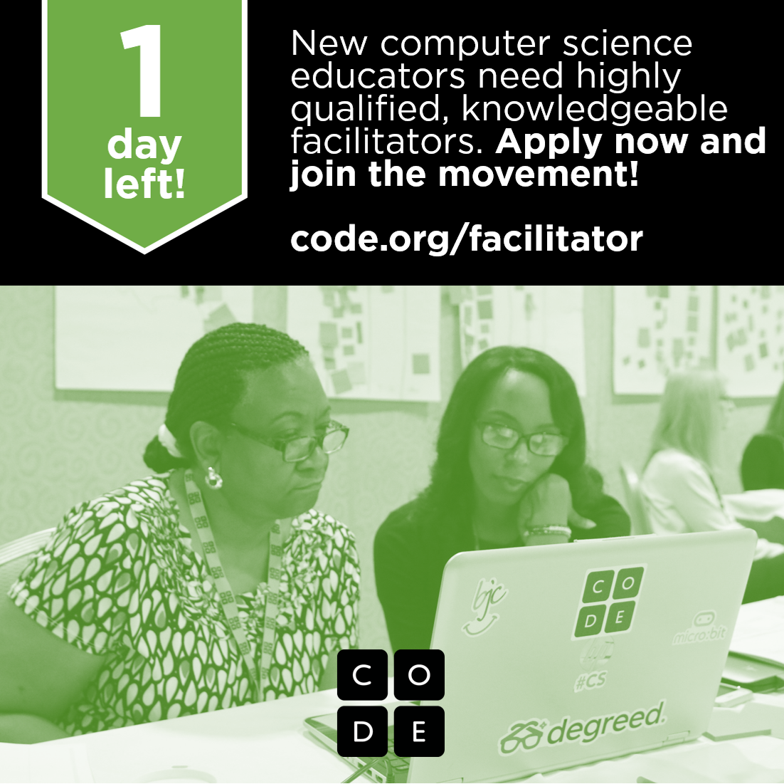 codeorg's tweet photo. Don't forget! Tomorrow is last day to submit your application to become a @codeorg facilitator! Help inspire the new computer science teachers! https://t.co/13XTZwn1Kt https://t.co/L4dkvNhCD0