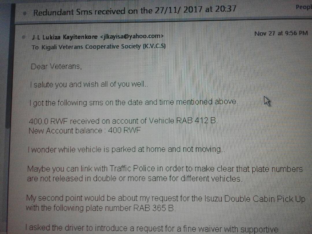 Kayisa's tweet photo. @Rwanda_rura #KVCS (Kigali Veterans Cooperative Society needs maybe to open a @Twitter 's account. I'm still waiting for feedback on my mail. I paid my parking today, it was not recorded on network. Best. J-L K https://t.co/RUvKWjvt7t