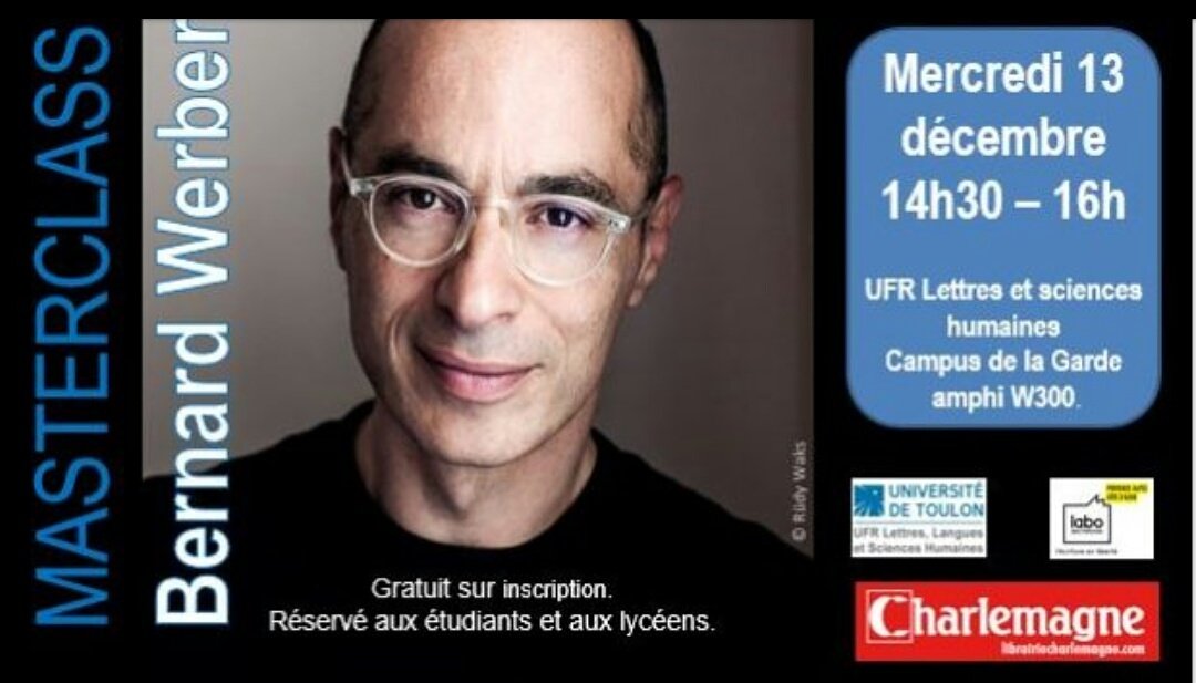 LaboPACA's tweet photo. Masterclass de Bernard WERBER, le 13/12 de 14h30 à 16h. 
Réservé aux étudiants et lycéens, gratuit sur inscription. 
https://t.co/ImBUEGUXdh https://t.co/EKqTh5bUSO