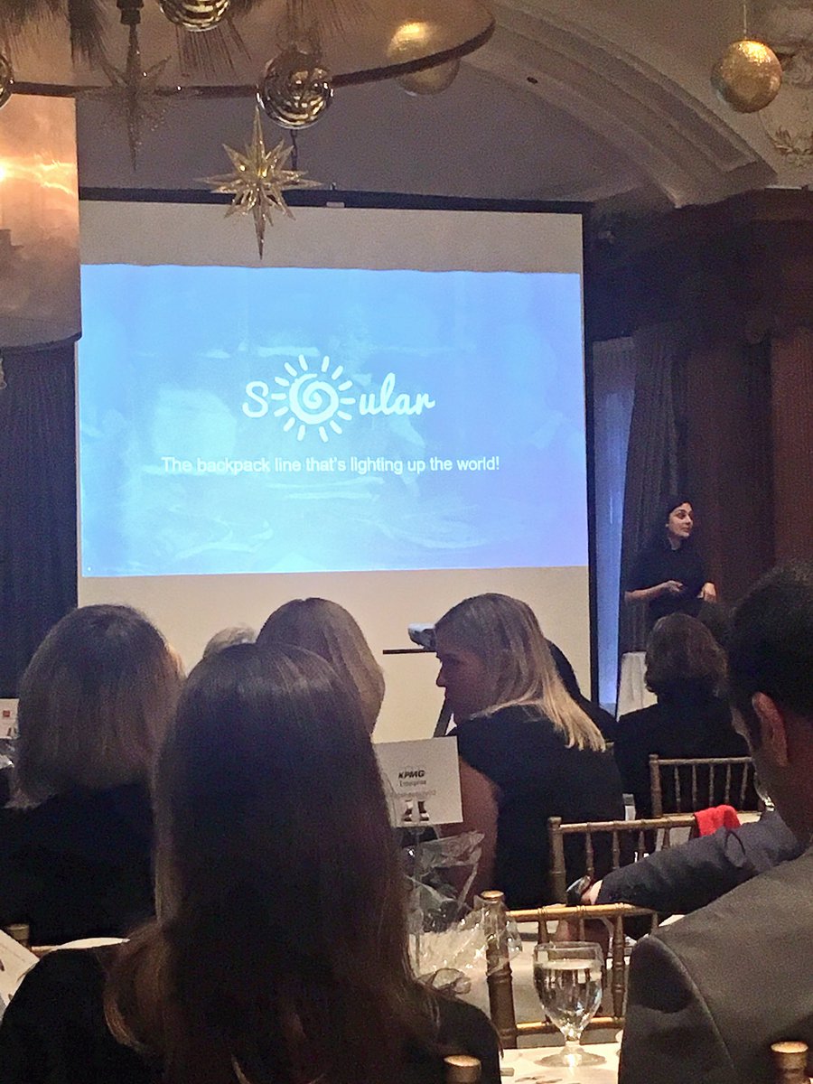 theforumca's tweet photo. Salima Visram pitching @SoularBackpack a solar backpack that allows kids from East Africa to study w/o use of kerosine. #PitchForThePurse https://t.co/DlLIqOGm7c
