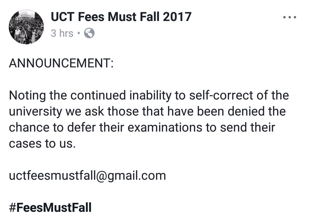 UCTReport's tweet image. Haven't gotten deferral yet?

Email @UCTFeesMustFall.
