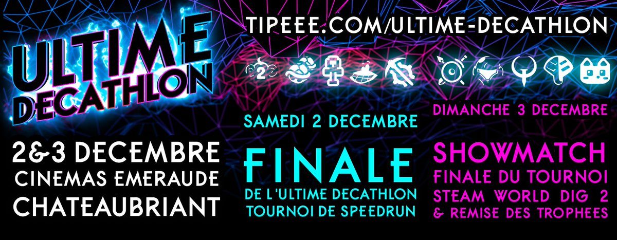 Samedi 15h : C'est LA conclusion de cette 5e saison de l'UD.
L'ULTIME FINALE !!! qui de nos 4 finalistes sera sacré Ultime Runner ? : strawpoll.me/14498899
RDV à 15h sur twitch.tv/ultimedecathlon
Ou directement au cinéma EMERAUDE à Chateaubriant
#UltiDeca