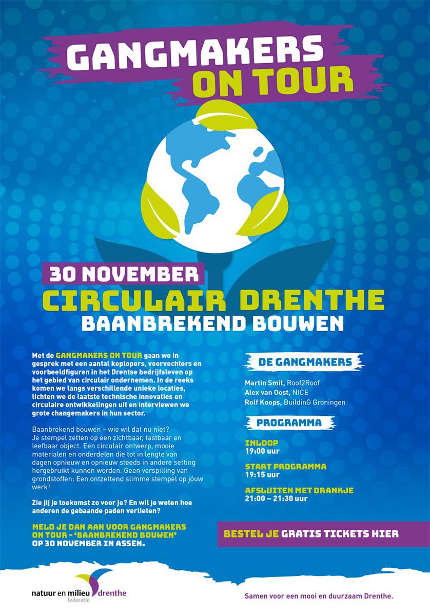 AlexvanOost's tweet photo. Vanavond start van Gangmakers on tour over Circulair Drenthe. Baanbrekend bouwen is het eerste thema. Met @MartinSmit en @rolfkoops van @BuildinGron. #wearenice #CirculaireEconomie #gangmakersontour https://t.co/MGSCbvXAdy