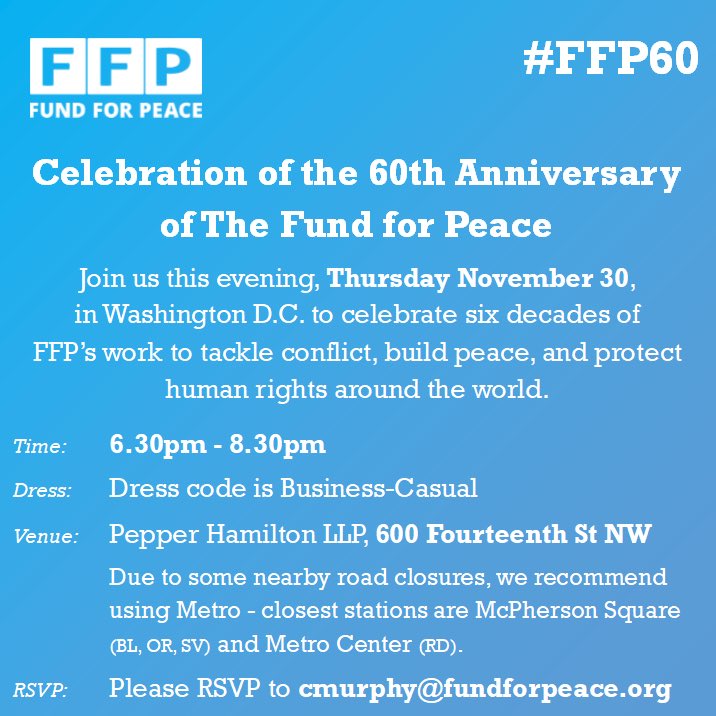 fundforpeace's tweet photo. Don’t forget to join us this evening in Washington, D.C. to celebrate the 60th Anniversary of The Fund for Peace! #FFP60 https://t.co/M6VrTJPMO6