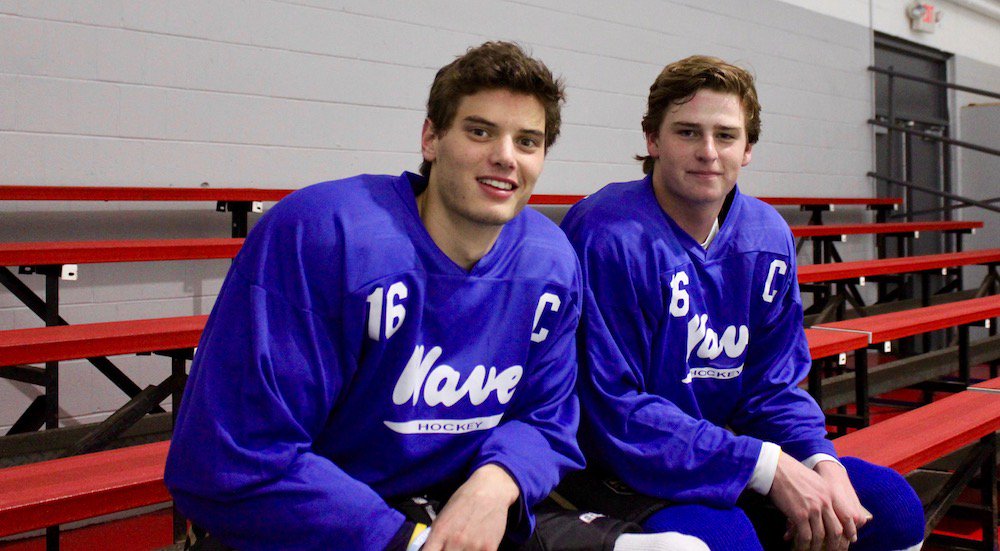 DarienTimes's tweet photo. FRONT AND BACK: Essential featured fixtures in Wave Pucks' pursuit and capture of its first state championship in so, so many years in 2015, and then first back-to-back state titles ever, Jake Kirby (left) and Sam Knowlton return to the rink for Alumni Game 2017 #darien #wavepuck https://t.co/G60qSOfc6M