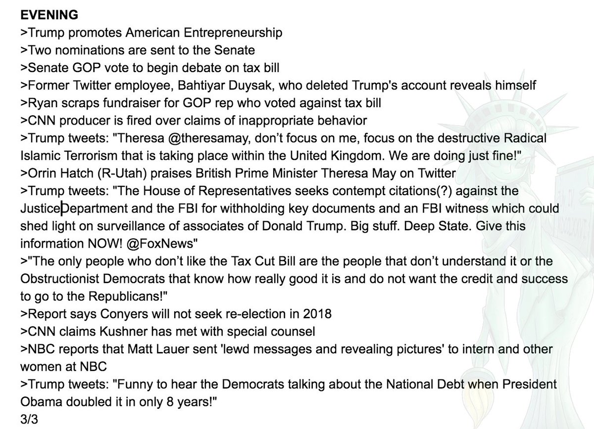 PunishedKat's tweet photo. Reporting #TrumpNightlyNews for November 29, 2017👩🏻‍💼 

If you missed the HIGH ENERGY storm that was yesterday, catch up here!

#NNTNN #pol #polnews #MAGA #NewRight #RealNews https://t.co/FhKfhdMp21