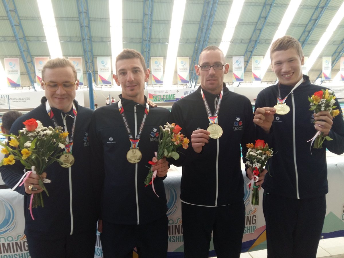 Le relais Français 4x50Nl champion du monde @INASsport, Simon Blaise, Maxime Dutter, Jacky Deforge, Nathan Maillet <a href="/FFSASportAdapte/">FFSA Sport Adapté</a> #Aguascalientes2017
