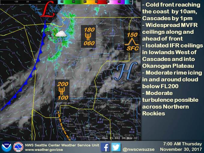 NWSCWSUZSE's tweet photo. A weak #coldfront will move thru the #PacNW today bringing low #MVFR &amp; occasional #IFR ceilings. A #winter mix is possible at high elevation &amp; across #ColumbiaBasin later this afternoon as #snowlevel falls. #Icing from #freezinglevel to FL200 all sectors. https://t.co/iEy9ygvRJN