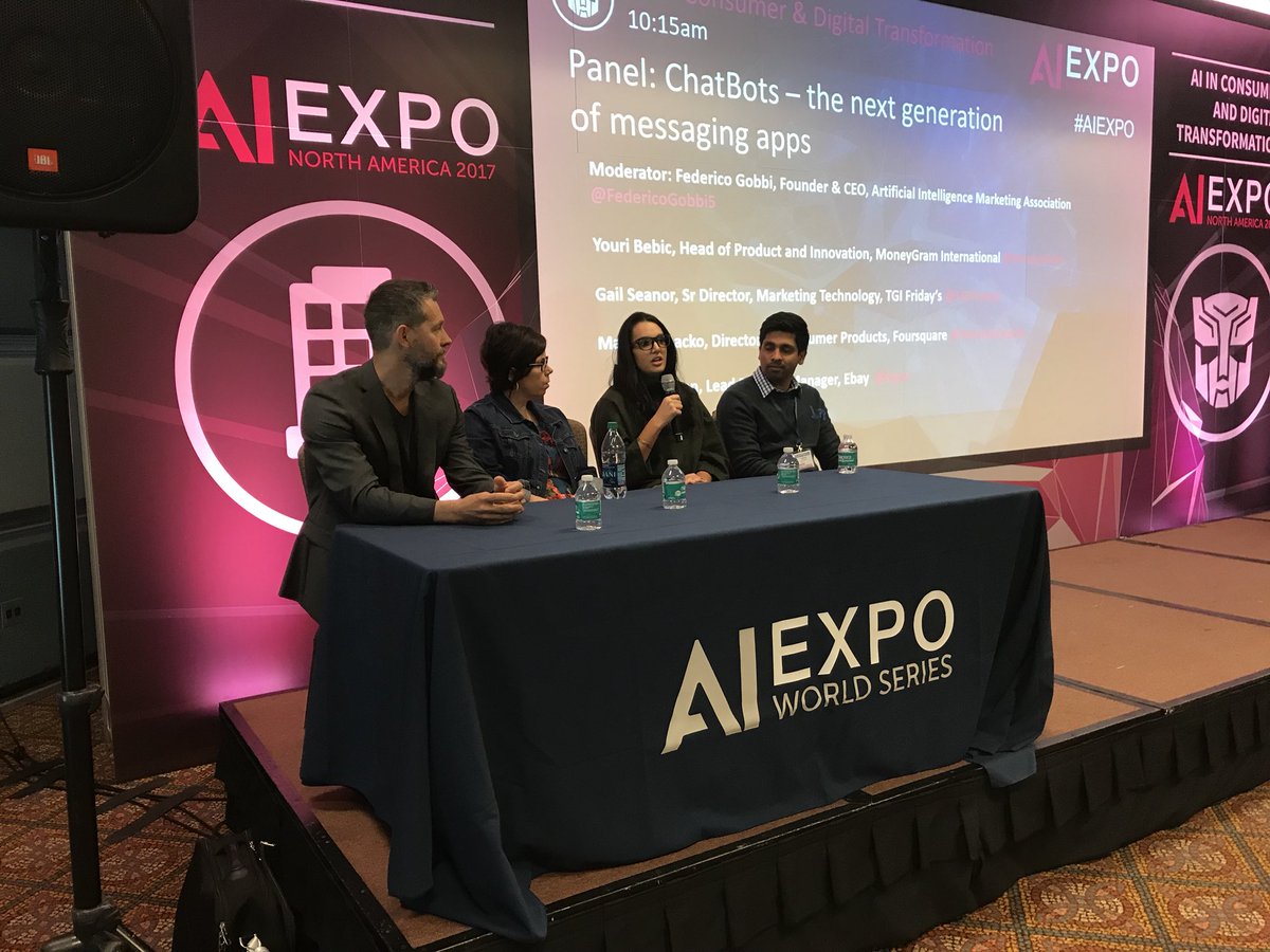 Talking all things chatbots <a href="/FedericoGobbi5/">Federico Gobbi</a> Youri Bebic <a href="/MoneyGram/">MoneyGram</a> Gail Seanor <a href="/TGIFridays/">TGI Fridays</a> <a href="/MarissaChacko/">Marissa Chacko</a> if Foursquare and <a href="/jaysv/">Jay Vasudevan</a> from eBay #AIExpo