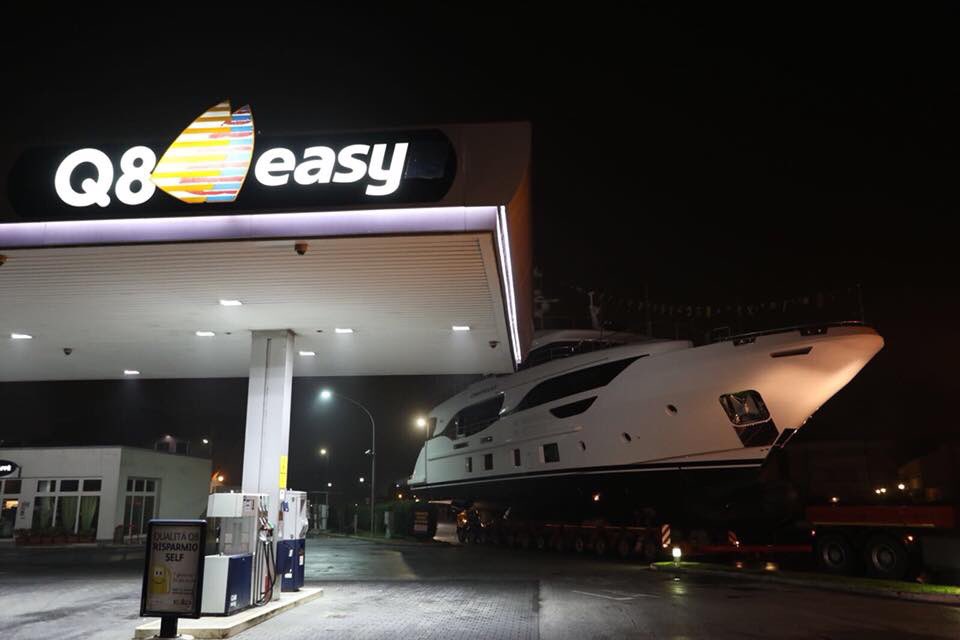 SG_Survey's tweet photo. A quick fuel stop for the latest Benetti Delfino 95 (#1), as she moves through the darkened street of Viareggio in readiness for her launch. #fillherupguv, #benettiyachts, #newbuildsurvey, #bristowholmes https://t.co/DErtII4Qec