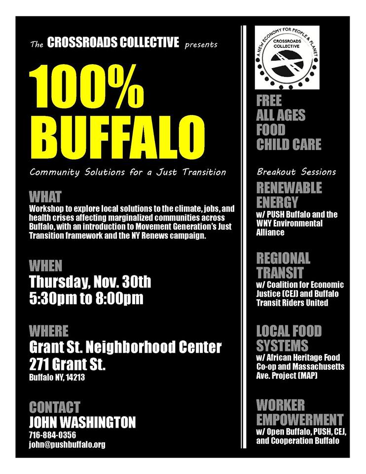 harpersebishop's tweet photo. It's time to think big and make big things happen. It's time to make #Buffalo a @100isNow city. 100% renewable energy. 100% affordable housing access. 100% employment. Come out tonight and share your own vision of 100% Buffalo. #CrossroadsCollective @PUSHBuffalo @open_buffalo https://t.co/YLqVlIgzml