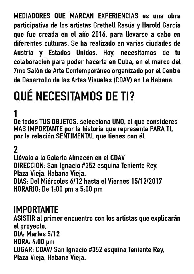 FARBERCUBANART's tweet photo. Join the performance in Havana. As part of the 7th Salon of Contemporary Cuban Art, GRETHELL RASUA &amp; HAROLD GARCIA will stage the participatory performance "Meidadores que marcan experiencias." Attend the prep meeting on Dec. 5, then join the performance Dec. 6. https://t.co/loxaPd80vJ