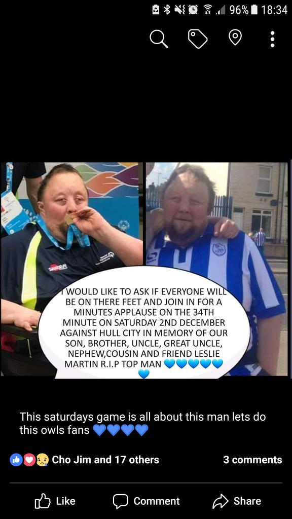 julieakers3's tweet photo. Saturday swfc v Hull ..please all my owls family lets do this ..Leslie was the biggest owl and gold medal winner in the special olympics 34 mins people his family will be with us to commemorate his amazing fight through life .WAWAW ⚽💙⚽💙 https://t.co/rjwjqI8xkm