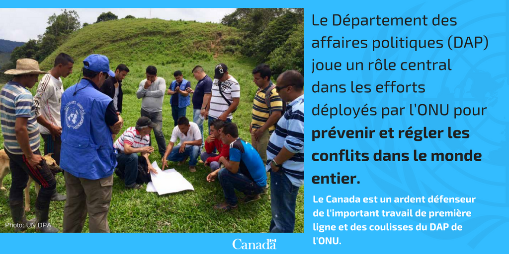 CanadaONU's tweet photo. Comme un des plus grands donateurs au @UN_DPA, le Canada est fier d'avoir réaffirmé notre appui pour leur travail critique pour soutenir la paix aujourd'hui.
#supportprevention https://t.co/wlYn1Gib1x