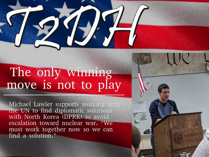 Tuition2DamHigh's tweet photo. The Tuition is Too Damn High Party supports the use of nonviolent methods in order to deal with the threat of North Korea, as opposed to Macie McCarthy, who wishes to move in and immediately "seize Kim Jong Un". Link to the response ad is on our website as well. @therealMacieM https://t.co/WVlztcnTIq