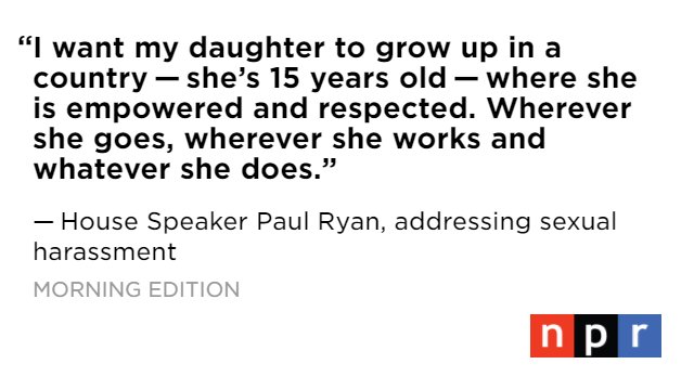 NPR's tweet photo. Speaker Paul Ryan said that, as a father, the issue of sexual harassment is a personal one for him as he has watched the swirl of scandal over the past few weeks. https://t.co/3a9AflyZ2N https://t.co/DjUcFMSbN9