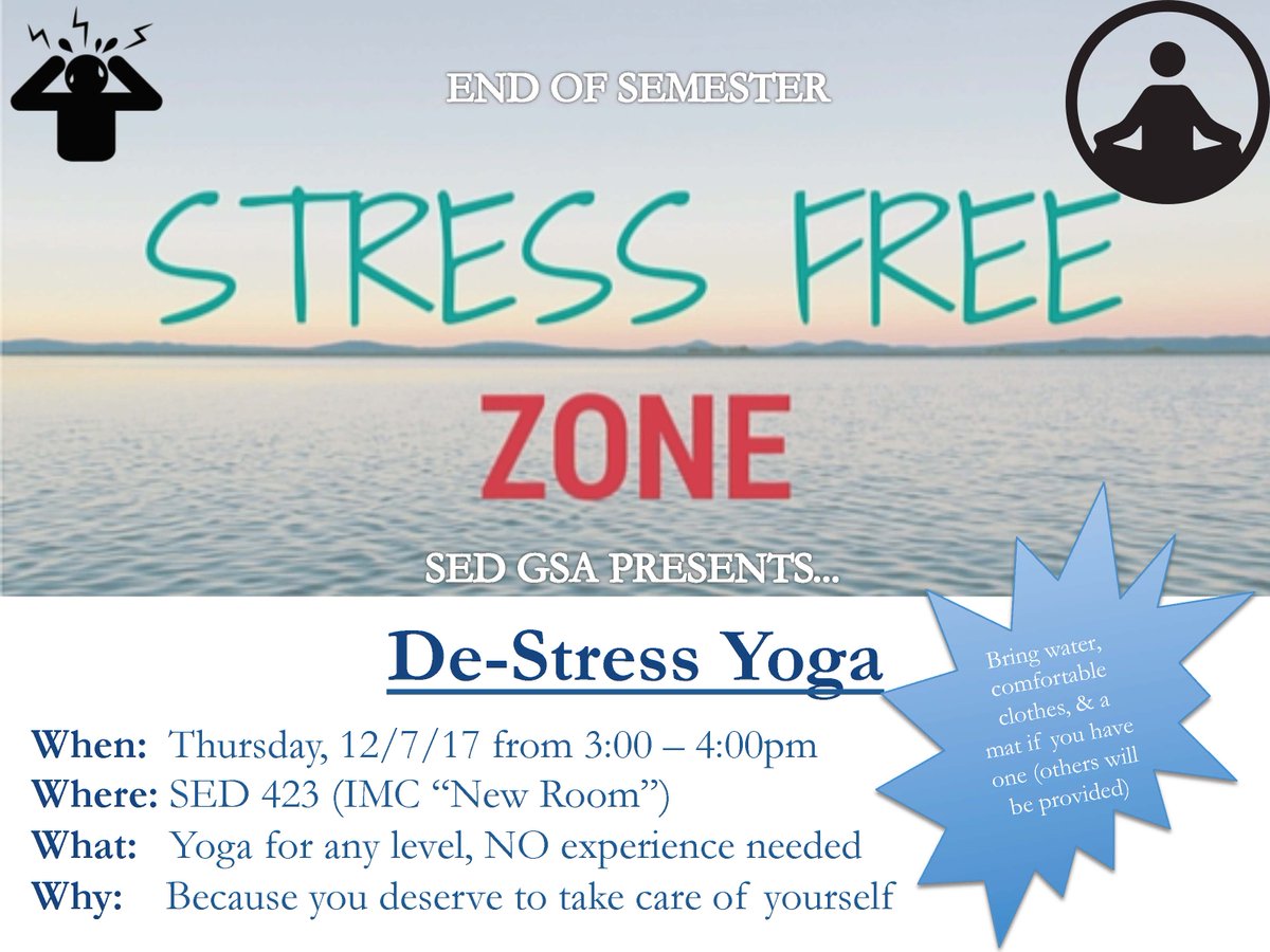 SED De-Stress Yoga Event, this upcoming Thursday (12/7)!  All are welcome and encouraged to join for some needed self-care before finals!  RSVP here: docs.google.com/forms/d/e/1FAI…