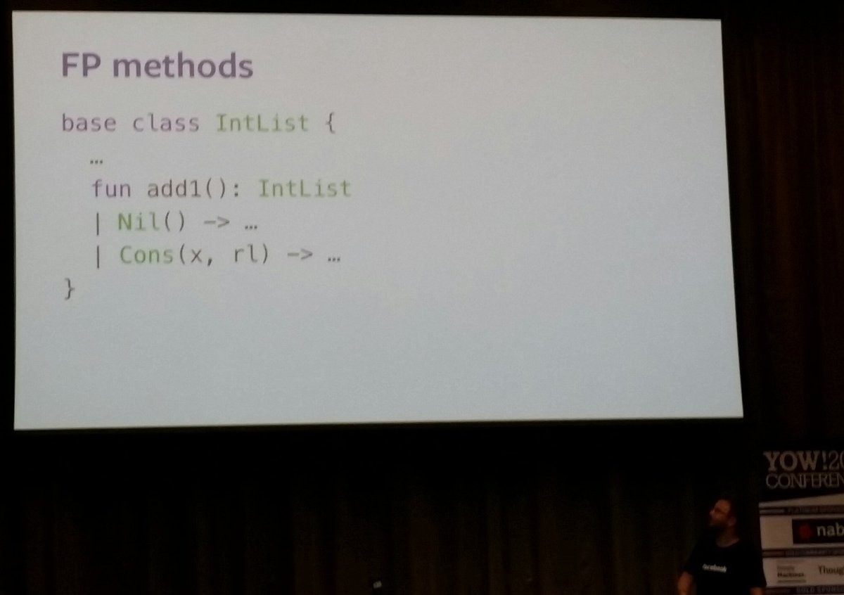 KenScambler's tweet photo. Interesting take on the Expression Problem from Julien Verlaguet. Great to see the language design space evolving #skiplang #facebook #yow17 https://t.co/gK1IirfA6D