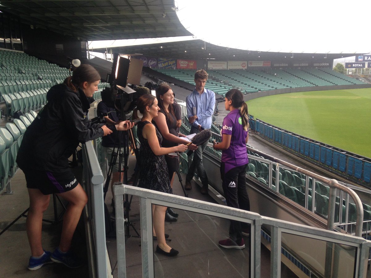 @vedakmurthy08 @utasstadium with a scrum of media speaking about our 1st game here on 30/11 as a double header with @HurricanesBBL #WatchAndLearn @MyNameIs_Hayley #Tasmaniasteam