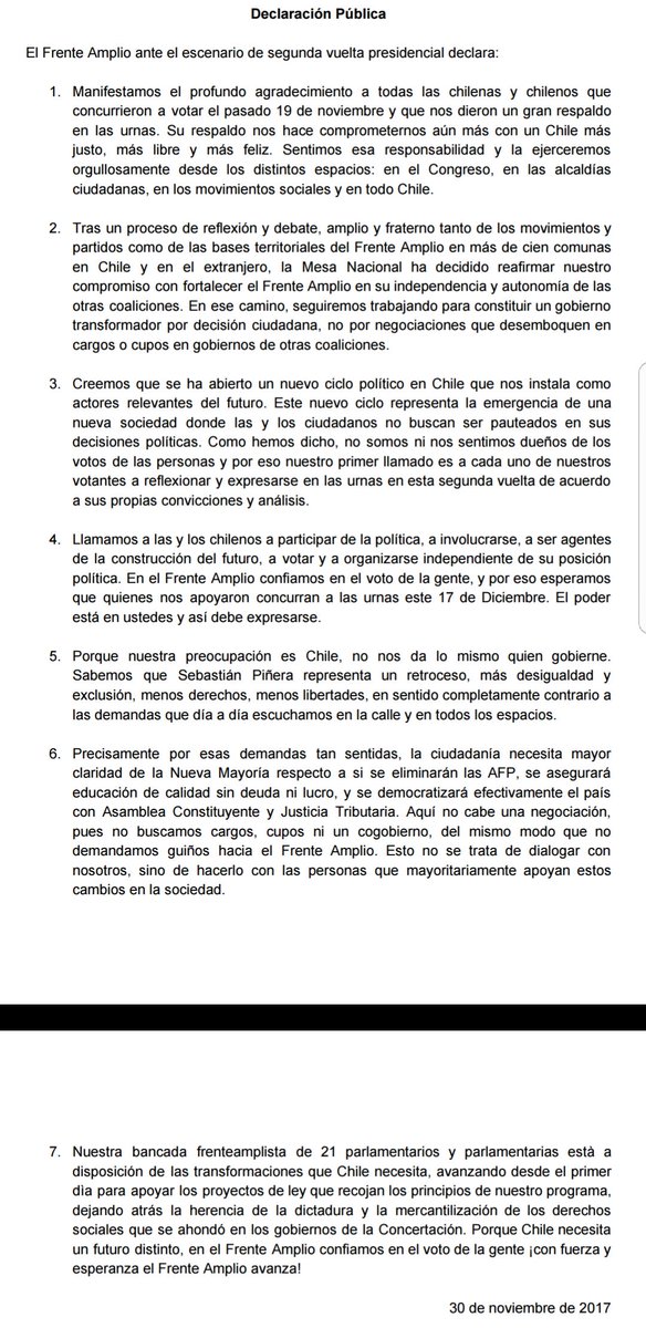 Les comparto la declaración del Frente Amplio sobre 2da vuelta :)