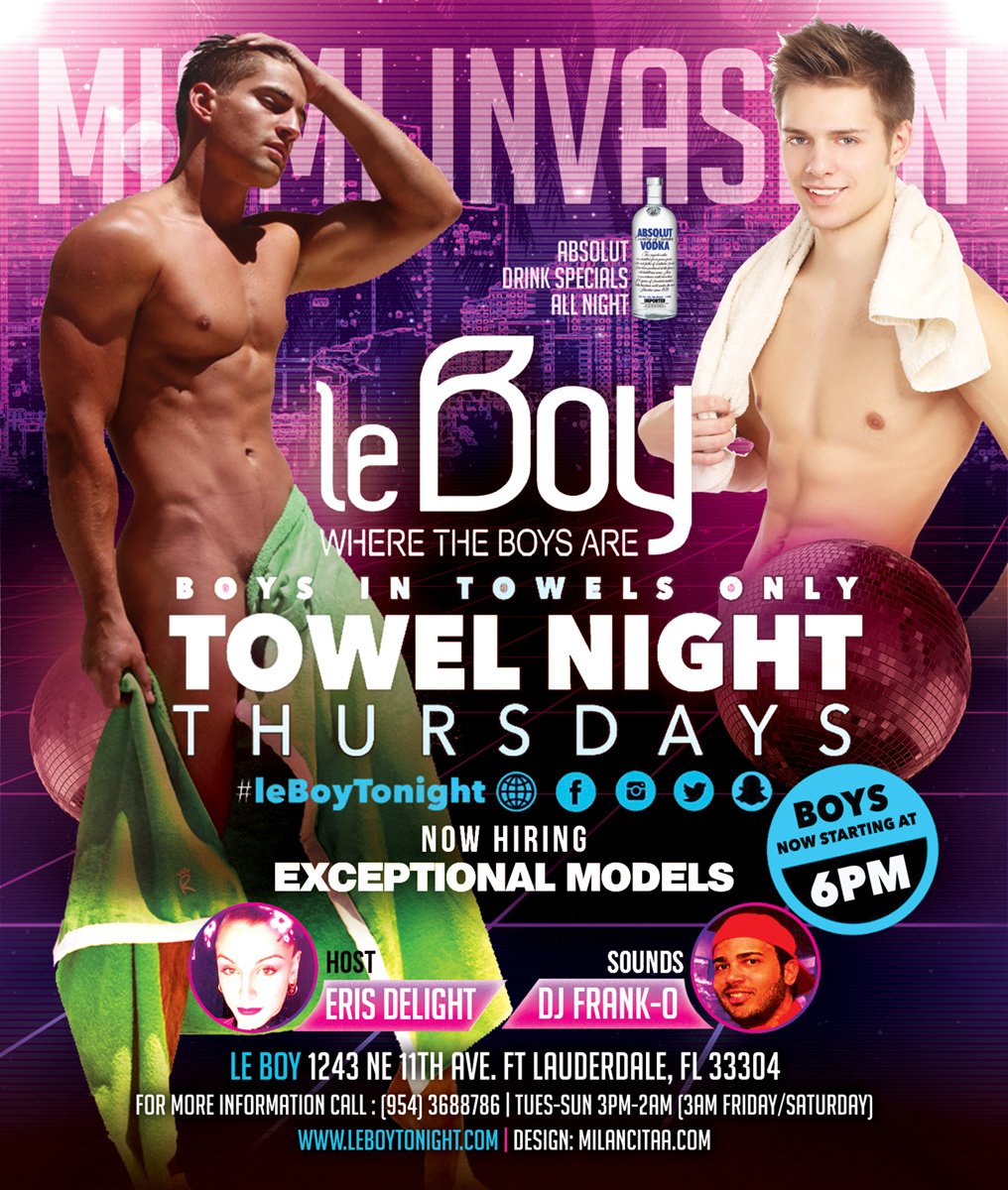milancita305's tweet photo. *
TONIGHT Thursday 7:00PM
MIAMI INVASION... at Club LE-BOY... where the boys are.
More than 20 BOYS ARE going to be IN TOWEL ONLY.
NO COVER - ABSOLUT Drink Specials All Night.
1243 NE 11 Ave. FT Lauderdale 33304
.
#Milancita #leBoy #Thursdays
305-393-6344
https://t.co/qWHo7KOiwy https://t.co/Hs6qsn4kPl