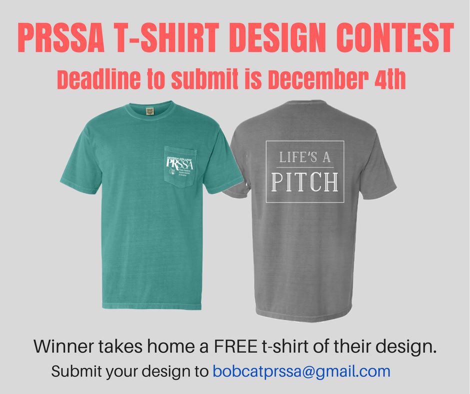 bobcatprssa's tweet photo. The deadline for the T-Shirt Design Contest is quickly approaching! Send in your design by December 4th and it could be the one we choose!
Only three rules:
*It must be a PNG file
*Front and back design needed
*Needs to say "Georgia College PRSSA" somewhere on the
t-shirt https://t.co/ITpqIs0rlw