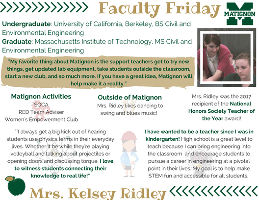 MatignonHS's tweet photo. This week's #FacultyFriday features NHS Teacher of the Year, @KelseyJRidley! She is an alum of @UCBerkeley and @MIT, the adviser for @MatignonRED, and involved with @WokeMatignon! #ExpectExcellence https://t.co/dJnHe1nSq0