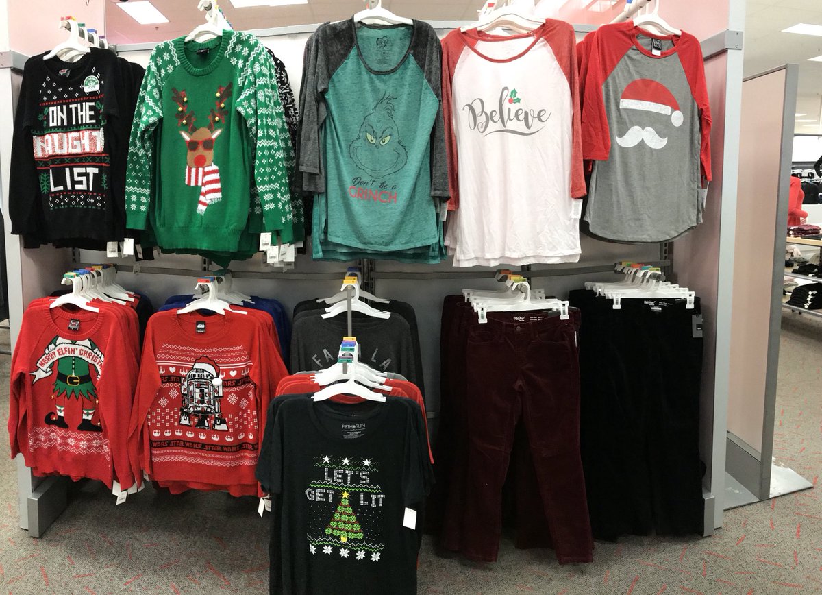 VMLAshley's tweet photo. Happy Holidays! We’ve got all your Parade/Ugly Sweater/Office Party/Festive needs covered ❤️💚❤️ #HubCityTarget #VMLStyle #visualmerchandising #bullseye #TargetStyle https://t.co/VJHtLSW6db